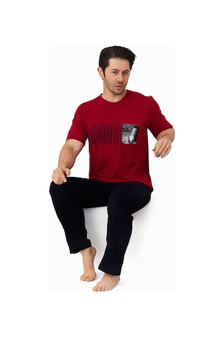 Gk Luxury & Fashıon Sude Erkek Pijama Takımı Kısa Kollu Alt Uzun - A300-05 Ve A301-1173-1 %100 Koton Bordo