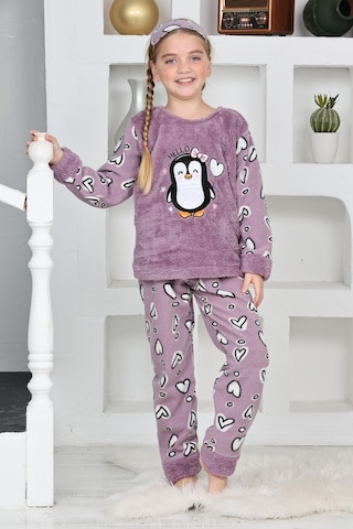 Kız Çocuk Peluş Kumaş-göz Bantlı Penguenli Pijama Takımı 12281 Lila