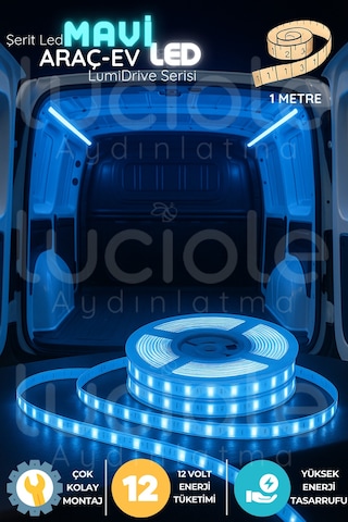 Lumidrive 1m Mavi Led Şerit 12v, 60 Çipli, 2835 Smd, Yapışkanlı, Kesilebilir, Bağlantıya Hazır