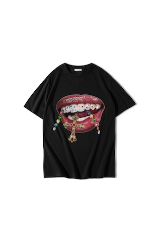 Brz Collectıon Brz Collection Unisex Oversize Grillz Renkli Taş Dudak Desenli T-shirt Siyah