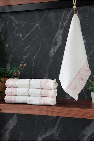 % 100 Pamuklu Kadife Güpürlü İnci Işlemeli 6 Lı Çeyizlik El Yüz Havlu Seti - 30x50 Cm - 04466 - Pembe Pembe