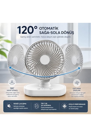 Masaüstü Vantilatör 120 Otomatik Döner Başlık 4 Kademeli Hız Sessiz Mini Fan, Taşınabilir, Uzun Süre Kullan