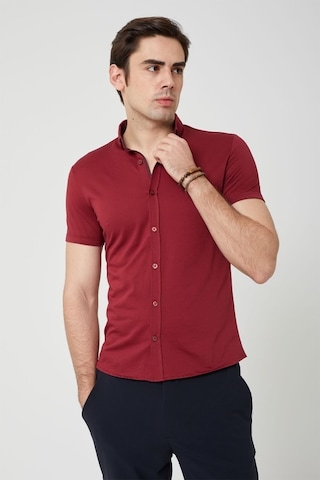 Coonless Erkek Kısa Kol Slim Fit Gömlek Kırmızı Beyaz