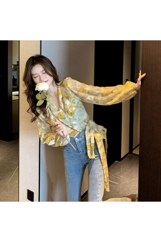 Sarı Çiçek Şifon Bluz Kadın Bahar Elbise Fransız Dantel Up Kısa Fırfır Yumuşak Rüzgar Süper Peri Üst M Sarı