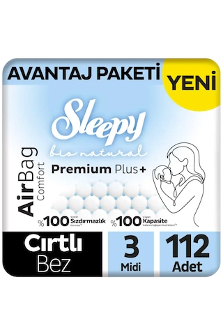 Sleepy Bio Natural Premium Plus Airbag Comfort Avantaj Paketi Bebek Bezi 3 Numara Midi 112 Adet