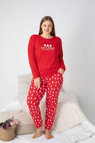 Kadın Bisiklet Yaka Düğmesiz Kışlık Termal Bilek Manşetli Jogger Uzun Kol Cepli Pijama Takımı Kırmızı