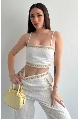 Çizgi Dokulu Dantel Şeritli Cepli Beli Lastikli Pantolon Sırt Lastikli Spor Büstiyer Keten Takım Bej