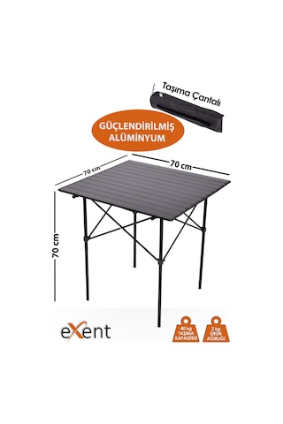 Exent Taşıma Çantalı Çok Hafif Tamamı Alüminyum Kamp, Piknik, Plaj, Bahçe, Balkon Masası - 70x70x70 Siyah