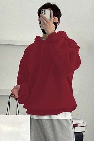 Tarz Cool Erkek Kapüşonlu Oversize Sweatshirt Bordo