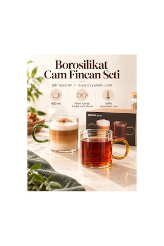 Ürün Adı 2 Li Renkli Kulplu Borosilikat Cam Kupa Seti 400 Ml Yeşil & Amber Çok Renkli