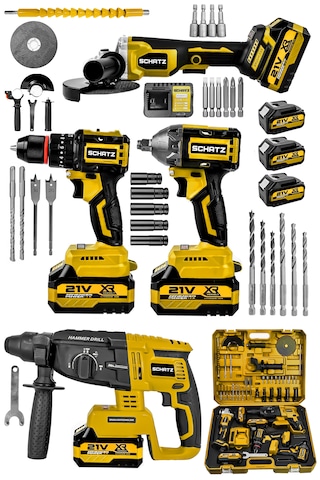 Schatz 21v Darbeli Kömürsüz Kırıcı Delici Hilti & Taşlama & Matkap & Somun Sıkma Sökme 4'lü Set Sarı