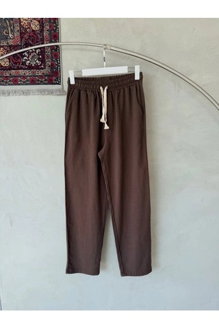 Defymoda Erkek İthal Yıkamalı Keten Pantolon Kahverengi