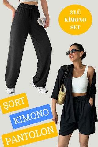 Woman And Kids Kadın Düz Renk Rahat Kesim 3 Parça Set Kimono Şort Pantolon Takım Siyah