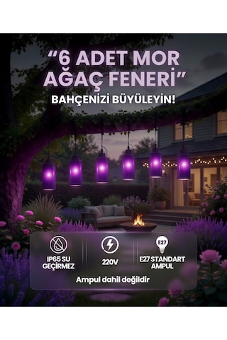 6 Lı Mor Ağaç Feneri Ip65 Su Geçirmez E27 Bahçe Aydınlatma Seti 220v Dekoratif Sarkıt Fener