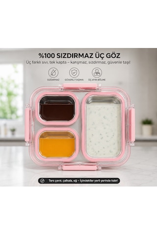 Muzeko Diyet, Beslenme Kabı Mzk4003 Sızdırmaz Kapaklı Metal 3 Bölmeli Lunch Box Beslenme 800ml 304çelik Pembe Okul Piknik Ve İşyerleri İçin Açık Pembe