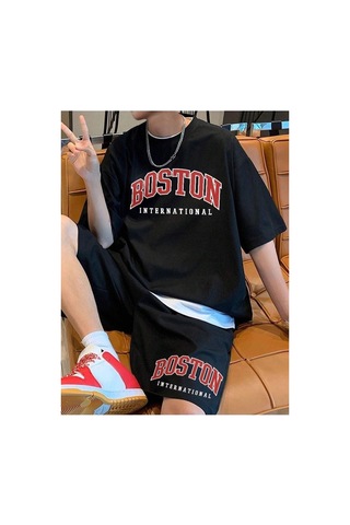 Erkek Siyah Boston International Baskılı Oversize Şortlu Takım Tw-bstontakims