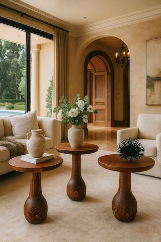 Meşe Renk Ahşap Mantar Sehpa Seti 3 Lü Doğal Zigon Fiskos Takımı Meşe