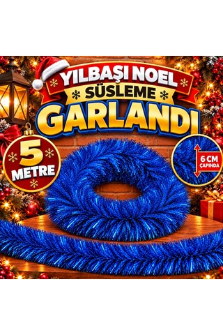 5 Metre Mavi Garland Mavi Çam Dalı 6 Cm Çap Mavi Yılbaşı Garlandı Parlak Metalik Dekor İnce Garland