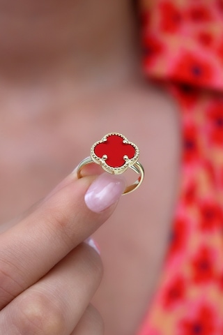 14k Altın Kaplamalı 925 Ayar Gümüş Granada Saray Yoncası Yüzük - Kırmızı 34025201 Altın