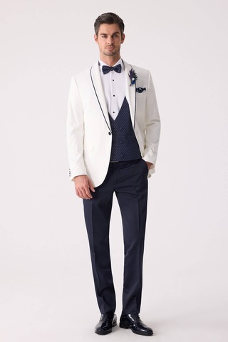 Ysf Erkek Krem Slim Fit Mono Yaka Yelekli Damatlık