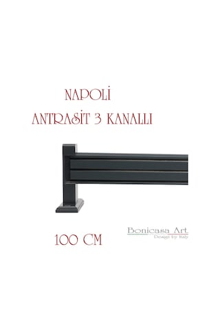 Napoli Ahşap Başlıklı 3 Kanallı Alüminyum Dekoratif Ray Korniş Modern Rustik Antrasit 100 Cm Antrasit
