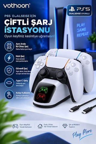 Ps5 Dualsense Uyumlu Çiftli Şarj İstasyonu Hızlı Şarj Standı Led Şarj Göstergeli 1 Adet