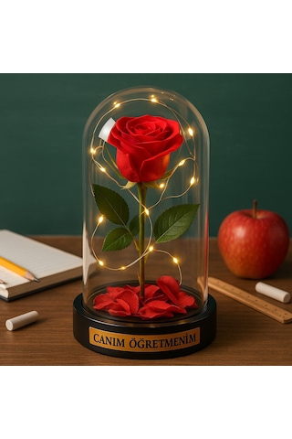 Canım Öğretmenim Temalı Öğretmene Hediye Led Işıklı Mika Fanus Kırmızı Yapma Solmayan Gül 20