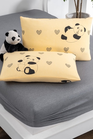 Valezium Sarı Panda Baskılı Kumaş Lastikli Fıtted Yastıklı Çarşaf Seti 90x200 Sarı Siyah