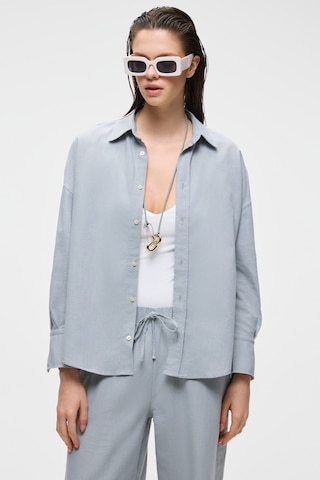 VESTA Kadın %100 Pamuk Keten Görünümlü Flamlı Oversize Gri Gömlek