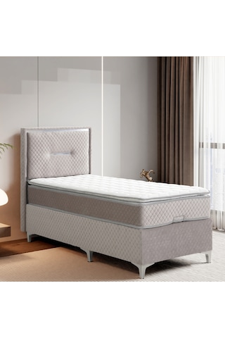Lina Gri Tek Kişilik Sandıklı Baza + Ortopedik Pedli Yatak + Klapalı Başlık 3 Lü Set 90 x 190 CM