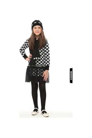 Xo Kids Atkı,şapka Ve Dizüstü Çoraplı Kalp Desenli Kız Çocuk Triko Elbise 3-7 Yaş 807 Siyah