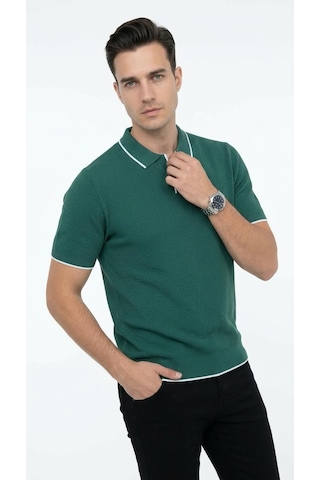 Plus Scorpion Erkek Pike Dokulu Triko Polo Yaka Tişört Slim Fit Şerit Detaylı Yazlık Model Yeşil