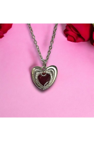Kalp Mineli Kadın Detaylı Kırmızı Gümüş Kolye 60 Cm Zincir Çok Renkli