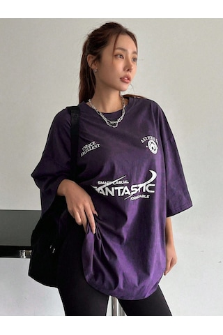Fantastıc Süprem T-shirt -mor Baskılı Oversize Bisiklet Yaka Tişört Mor