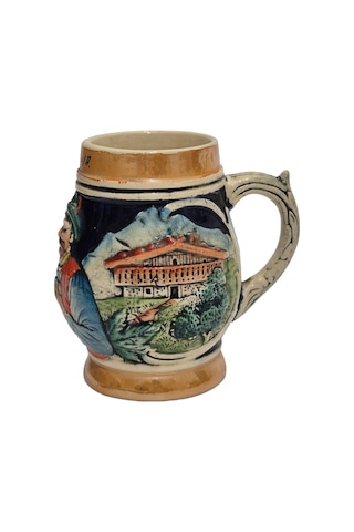 Vintage Tankart Kabartma İnsan Ve Doğa Tasfirli Alman Seramik Bira Bardağı 9,5cm 002