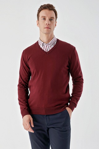 Morven Erkek Koyu Bordo Basic V Yaka Dynamic Fit Rahat Kesim Triko Koyu Bordo