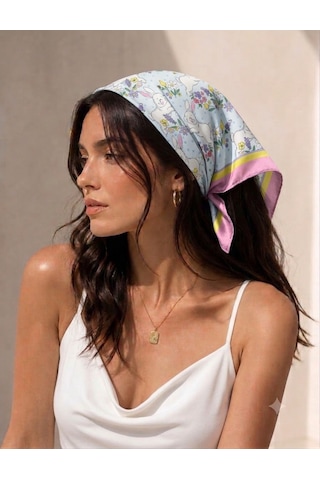 Trend Dokunuş Kadın 50-50 Saten Bahar Renkli Fular Bandana Sarı - Pembe