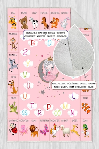 Dijital Baskılı Dekoratif Kaymaz Taban Yıkanabilir Alfabe Temalı Modern Çocuk Halısı Pembe