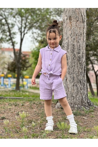 Kız Çocuk Müslin Gömlekli Şortlu Takım Mint Yeşili
