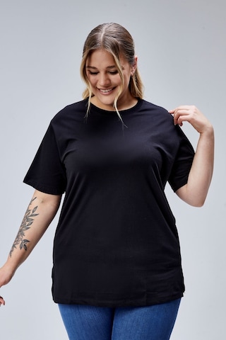 Banega Curve Büyük Beden Siyah Boyfriend Bisiklet Yaka Yırtmaçlı Pamuk Örme T-shirt Siyah