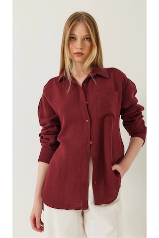 Kadın Oversize Basic Cepli Müslin Gömlek Bordo