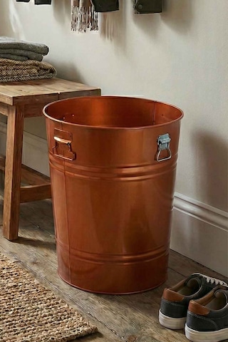 40 Litre Kilitli Kapaklı Metal Çöp Kovası Ve Dekoratif Çamaşır Sepeti Bakır