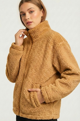 Kadın Peluş Tam Fermuarlı Cepli Sherpa Kuzu Kumaş Oversize Peluş Polar Sweatshirt Bej
