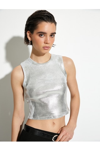 Koton Metalik Crop Üst Fitilli Bisiklet Yaka Gri 4sak10385ek Gri