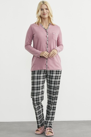 Sementa Ekose Kombinli Düğmeli Pijama Takım - Gül Kurusu Gül Kurusu