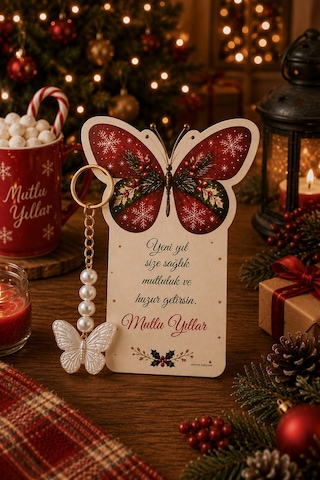 Butterfly Holly Berry Kartlı Anahtarlık - Kelebek Anahtarlık - Yılbaşı Hediyesi - Yeni Yıl Hediye