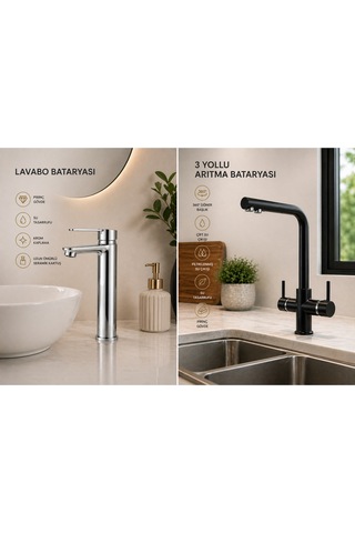 Lüx 2'li Set Krom Sabit Lavabo Bataryası Ve 3 Yollu Arıtma Musluğu Mutfak Bataryası Çeşmesi Musluğu Krom-siyah