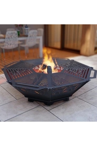 Oktagon Ateş Çukuru Izgaralı Sekizgen Barbekü Bahçenize Dekoratif Siyah