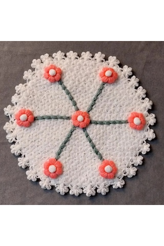 Uretti - Kenan 2196 - 8739 El Örgüsü Pembe Çiçek Motifli Beyaz 3'lü Lif Seti