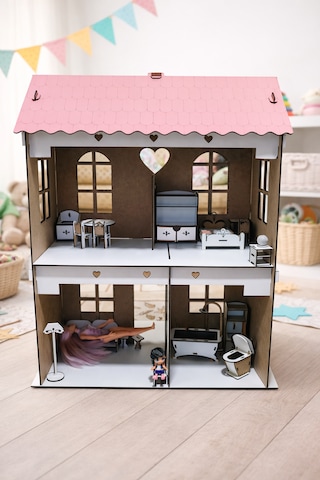 Ahşap Oyuncak Oyun Evi Eğlenceli Ve Eğitici Tasarım Pembe-beyaz